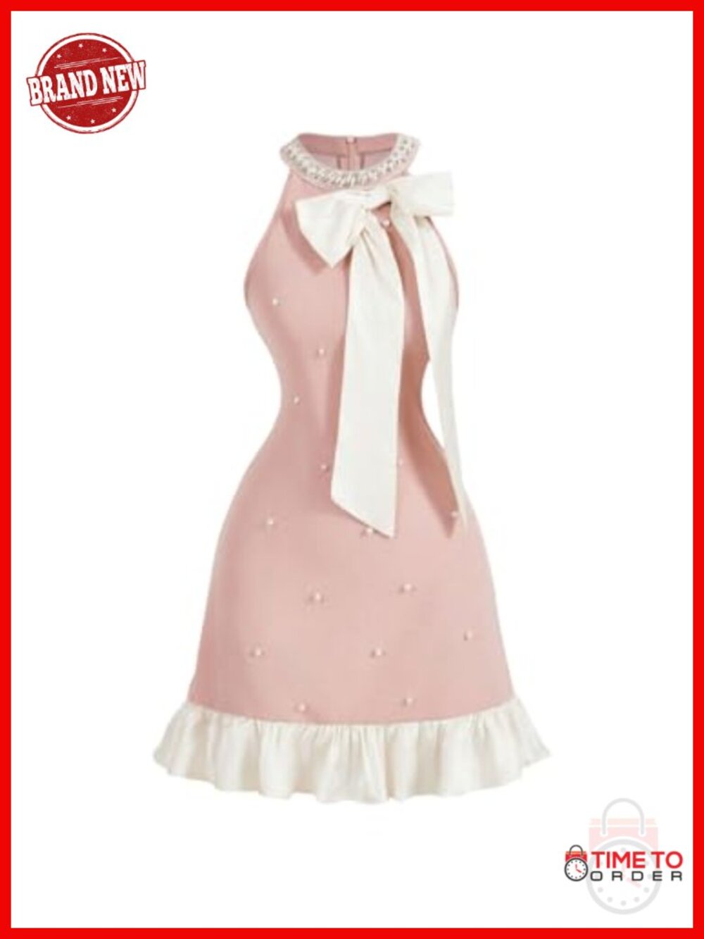 Halter Mini Dress Bowknot Pearl Ruffle Hem Party Club Night Out